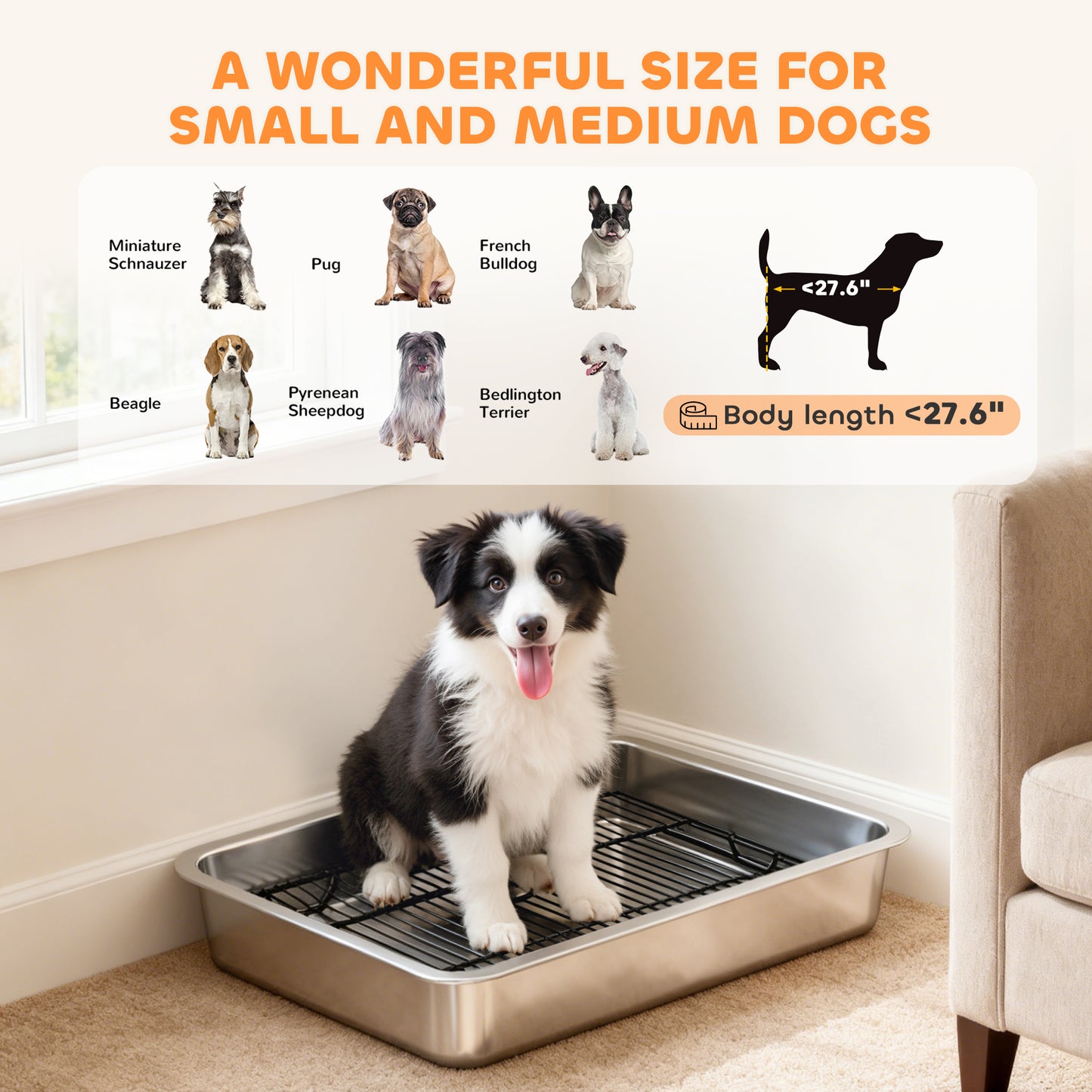 Dog Potty Tray Stainless Steel for Small and Medium Dogs, Dog Training Tray for Porch, Bathroom, Balcony, 28" x 20" x 4"