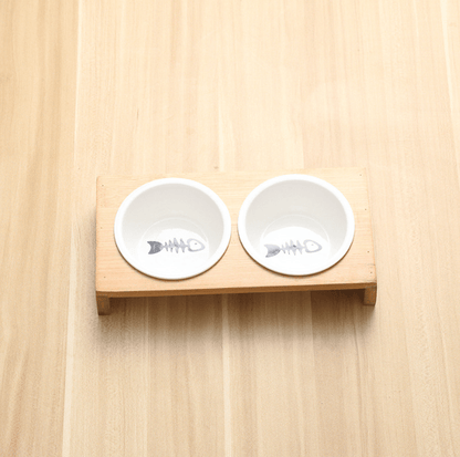 Stylish Bamboo And Ceramic Cat Dog Feeder Bowls