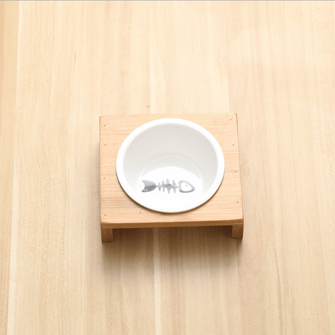 Stylish Bamboo And Ceramic Cat Dog Feeder Bowls