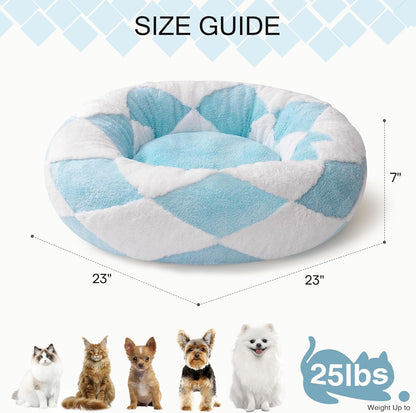 MEWOOFUN Donut Cat Bed For Indoor Cats - Round Washable Plush Pet Bed With Jacquard Shaggy Fabric & Non-Slip Bottom, Calming Small Dog Bed For Puppy & Kitten, 23 Inch Blue Check
