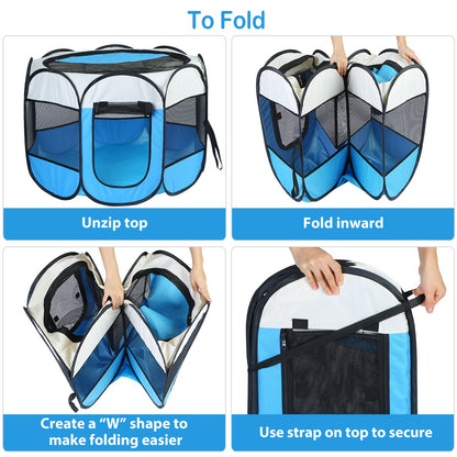 Pink-Blue Options -- 1Pc Portable Foldable Pet Tent Exercise Pen Kennel Removable Zipper Top And Bottom Water Resistant Indoor Outdoor Use For Dogs Cats Other Pets