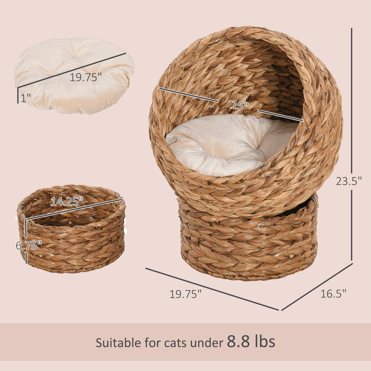 Handwoven Elevated Cat Bed with Soft Cushion & Egg Chair Shape