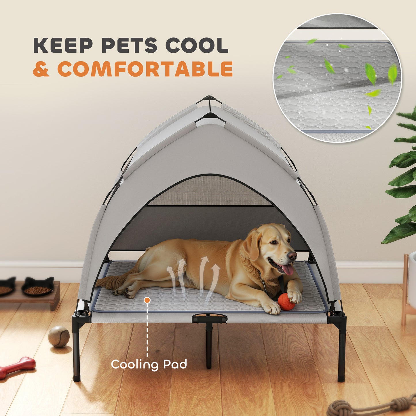 Elevated Dog Bed With Removable Canopy, Portable Outside Raised Pet Cot With Cooling Pad, Storage Bag, 42 X 30 X 37