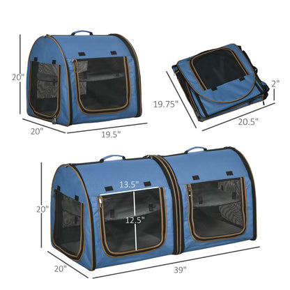 Portable Twin Compartment Show House Cat Cage 39  Soft-Sided Pet Kennel With Soft Cushions  Storage Bag Blue